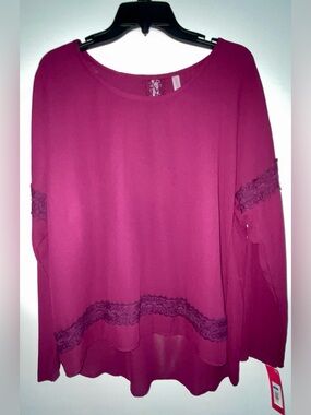 Xhilaration Magenta Lace-Trim Long-Sleeve Blouse